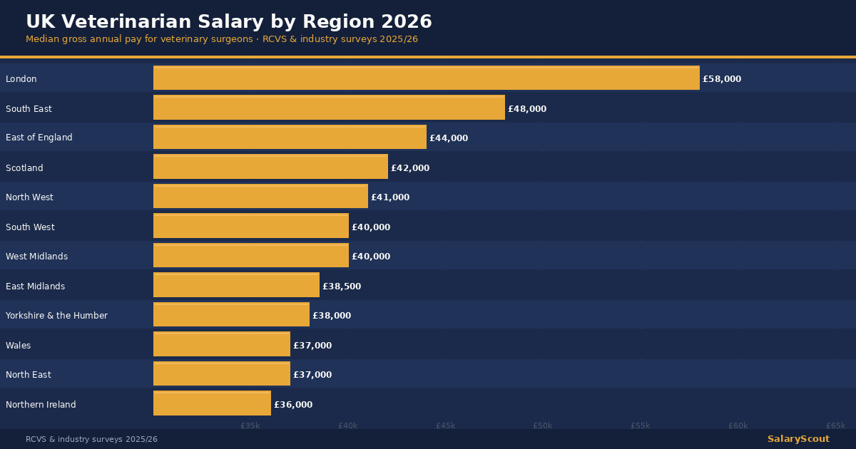 Bar chart of UK veterinarian salaries by region in 2026, London highest at £58,000.